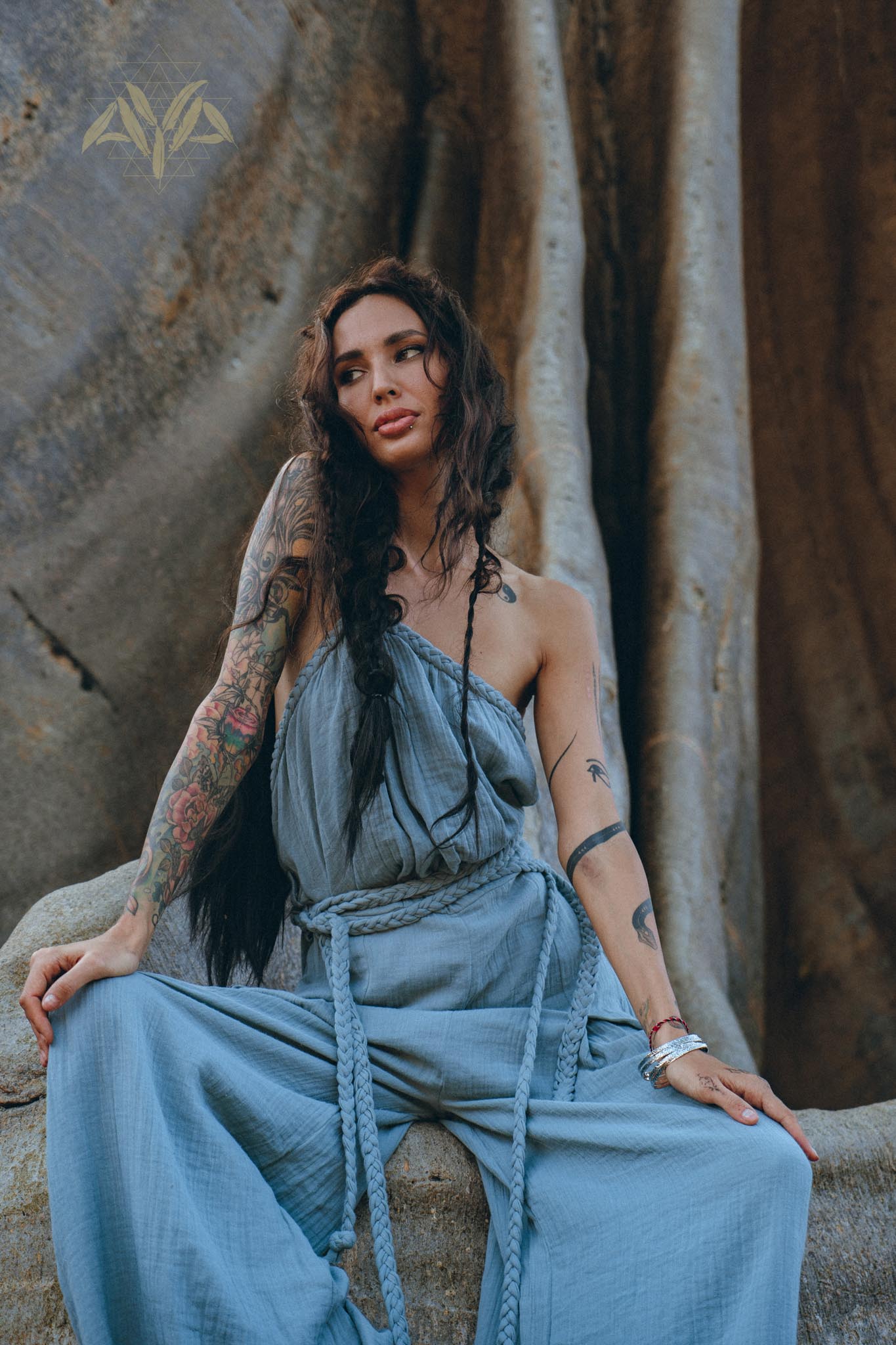 Sky Blue Braided Belted Jumpsuit, Overalls Women, Apron Dress - AYA Sacred Wear