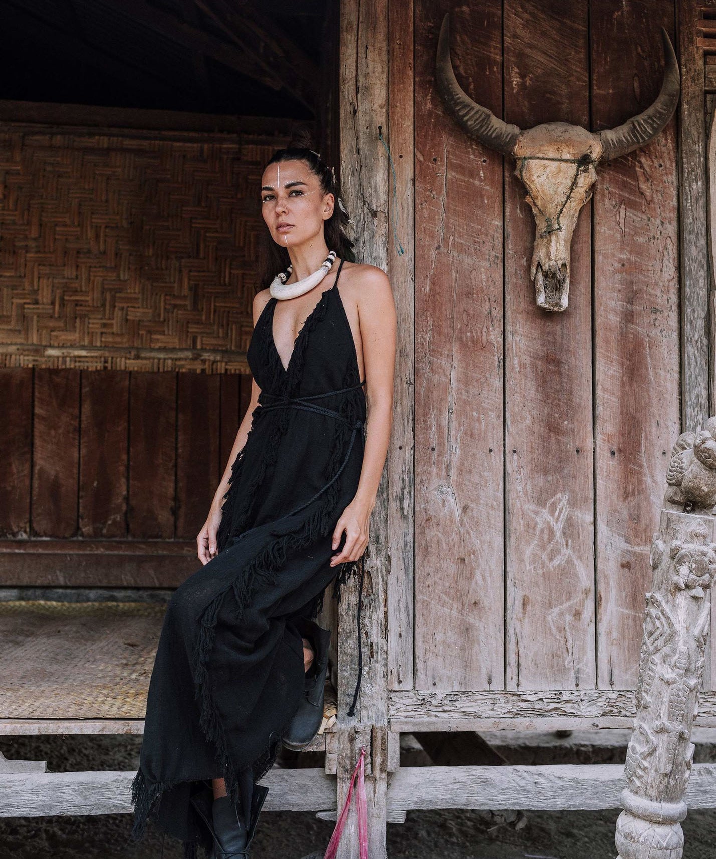 Black Cotton Boho Maxi Dress with Hand Loomed Tassels - AYA Sacred Wear