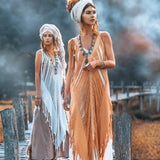 Beautiful Boho look dress with chic beige and ochre thread hand-loomed with love.