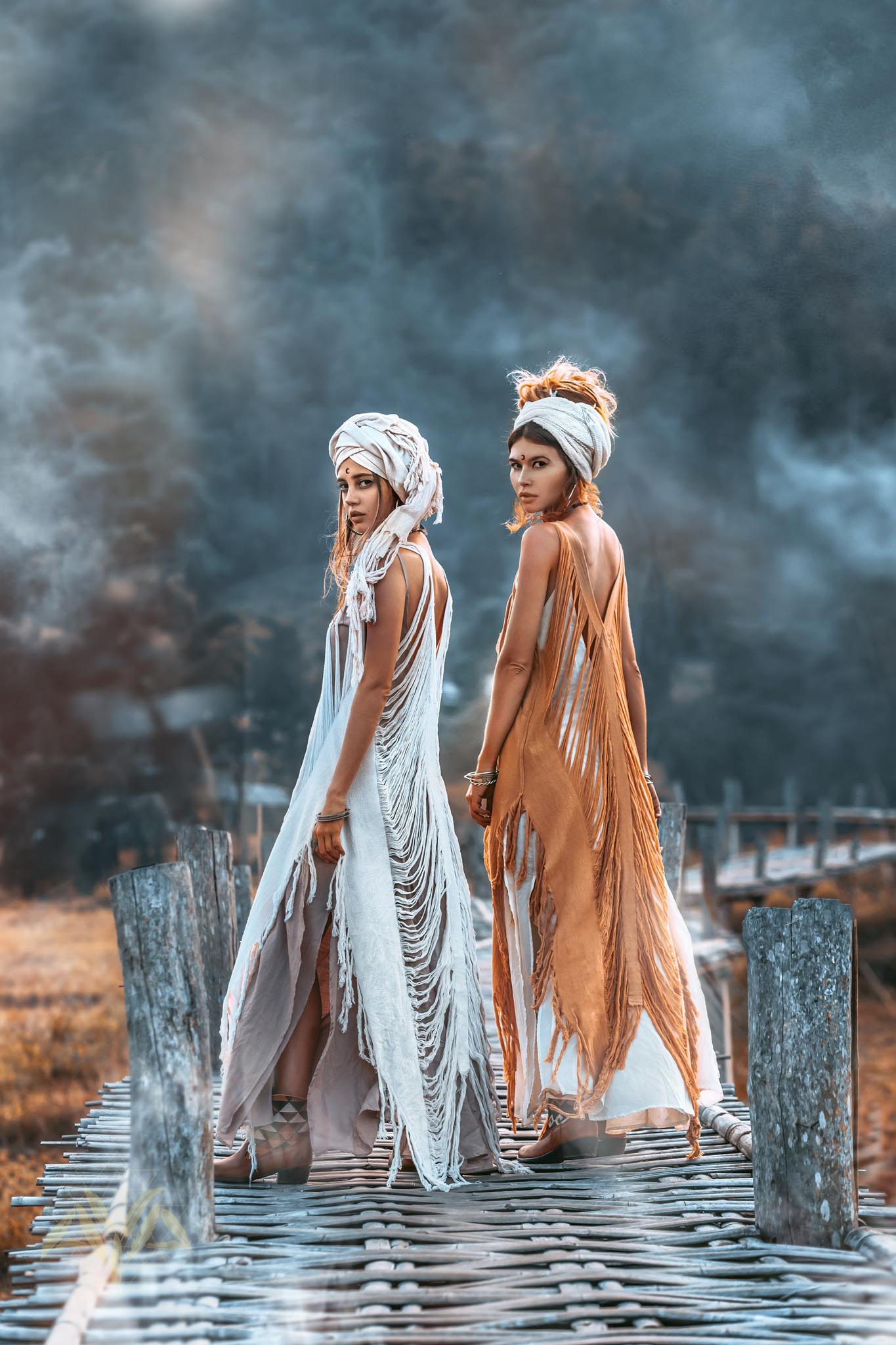 Elegant beige ochre dress with open sides and hand-loomed edging.