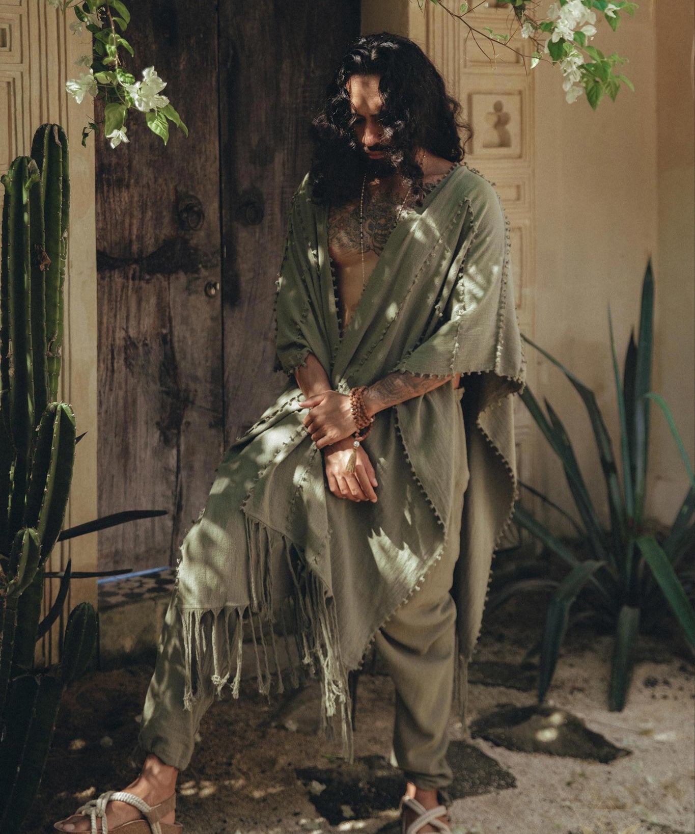 Sage Green Raw Cotton Minimalist Poncho for Men by AYA Sacred Wear