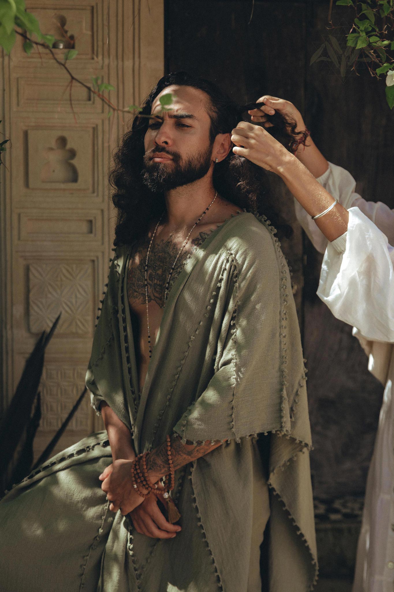 Sage Green Raw Cotton Minimalist Poncho for Men by AYA Sacred Wear