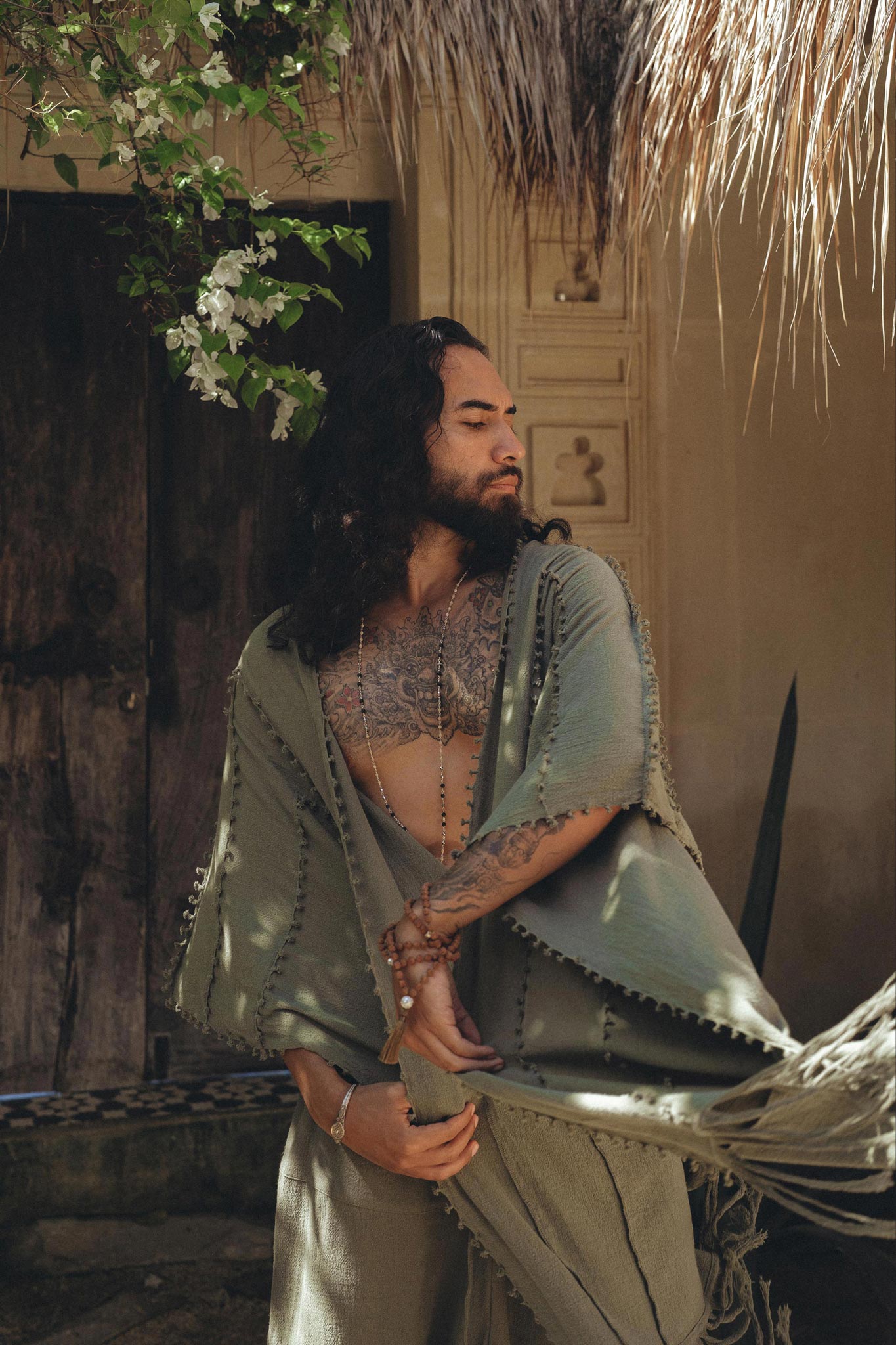 Sage Green Raw Cotton Minimalist Poncho for Men by AYA Sacred Wear