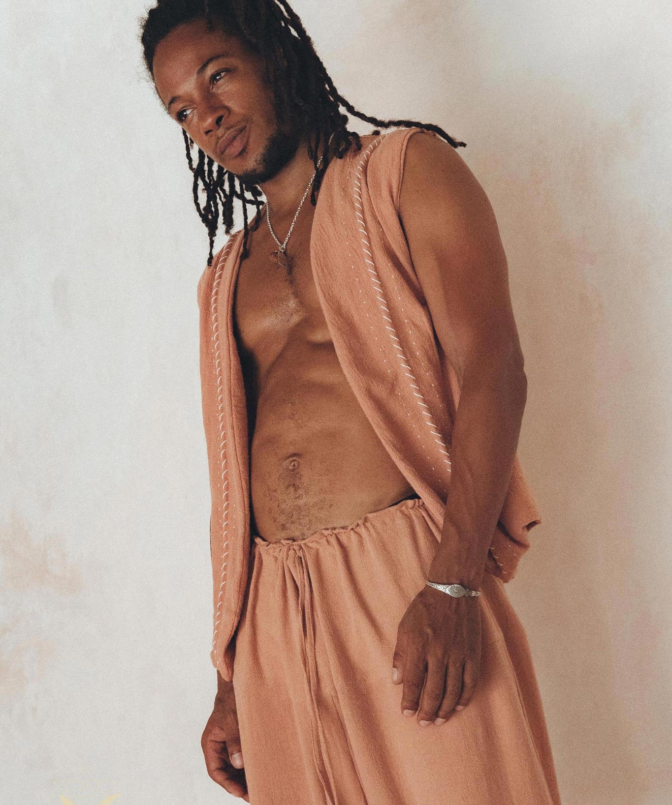 Sandal Wood Colour Hand Embroidered Vest for Men by AYA Sacred Wear