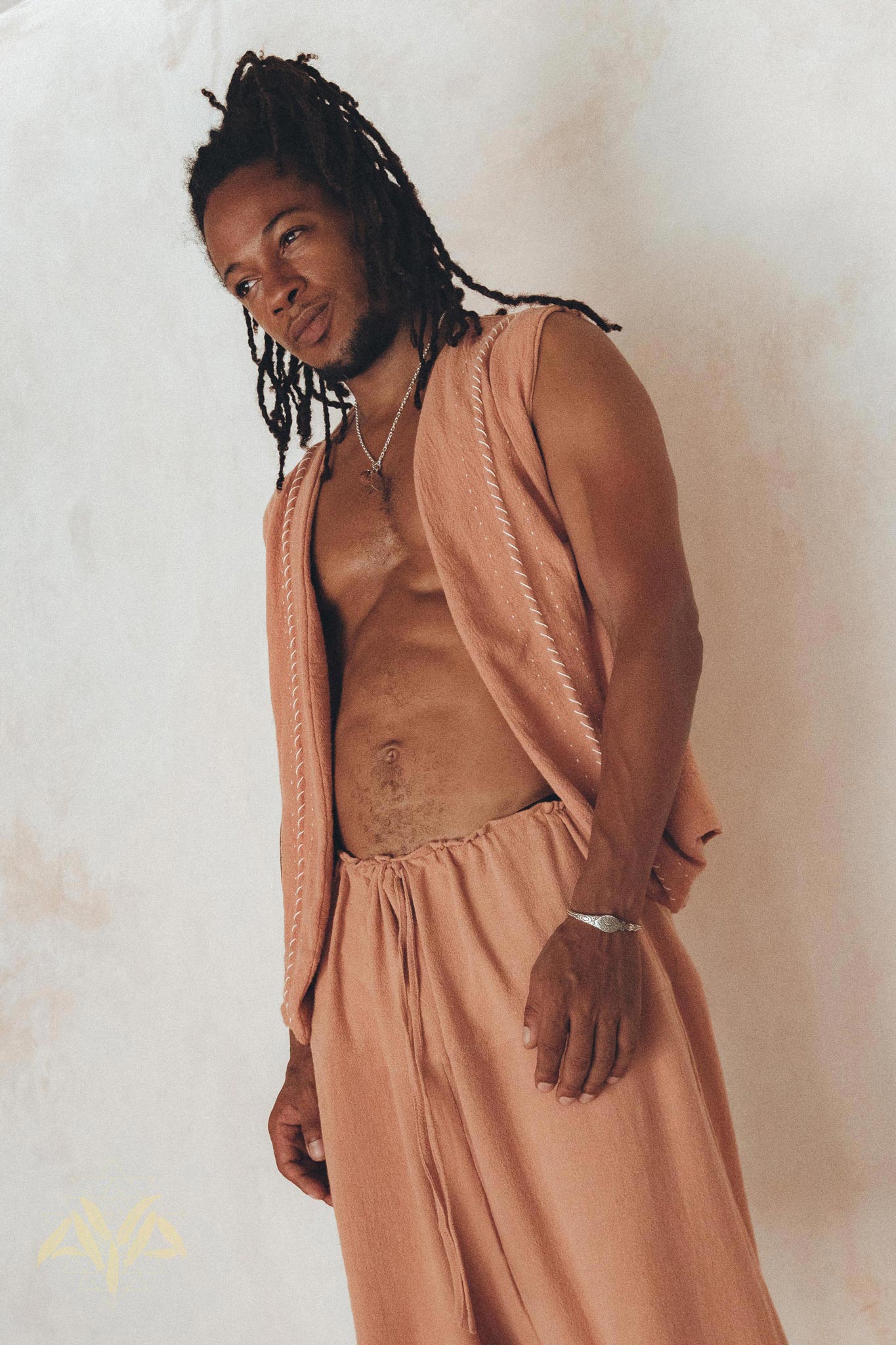 Sandal Wood Colour Hand Embroidered Vest for Men by AYA Sacred Wear