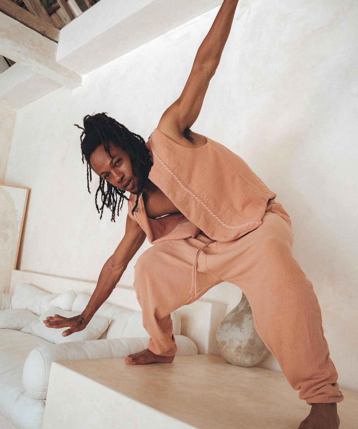 Sandal Wood Colour Hand Embroidered Vest for Men by AYA Sacred Wear