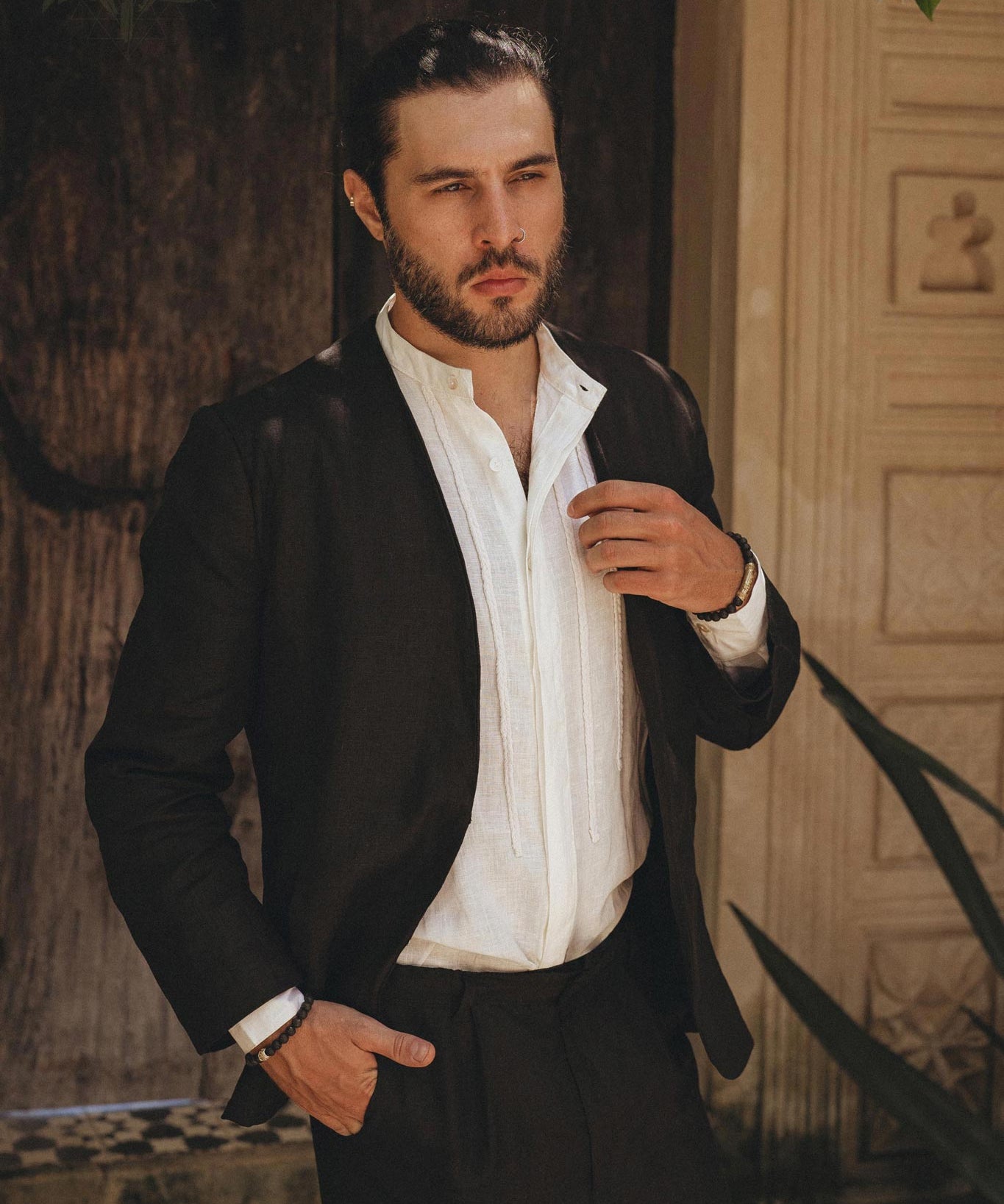Black Linen Blazer Jacket for Men by AYA Sacred Wear