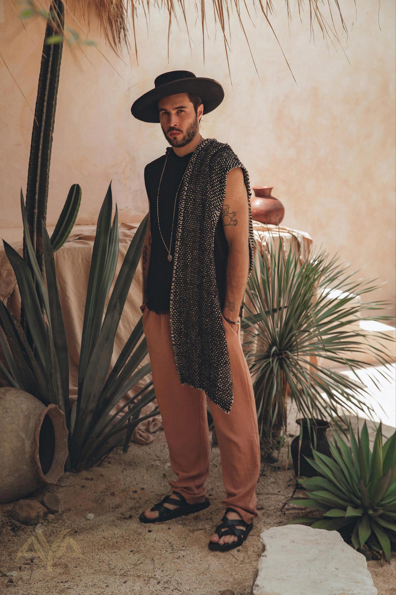 Black Handwoven Thick Cotton Sleeveless Hoody Tank Top for Man by AYA Sacred Wear