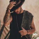 Black Handwoven Thick Cotton Sleeveless Hoody Tank Top for Man by AYA Sacred Wear