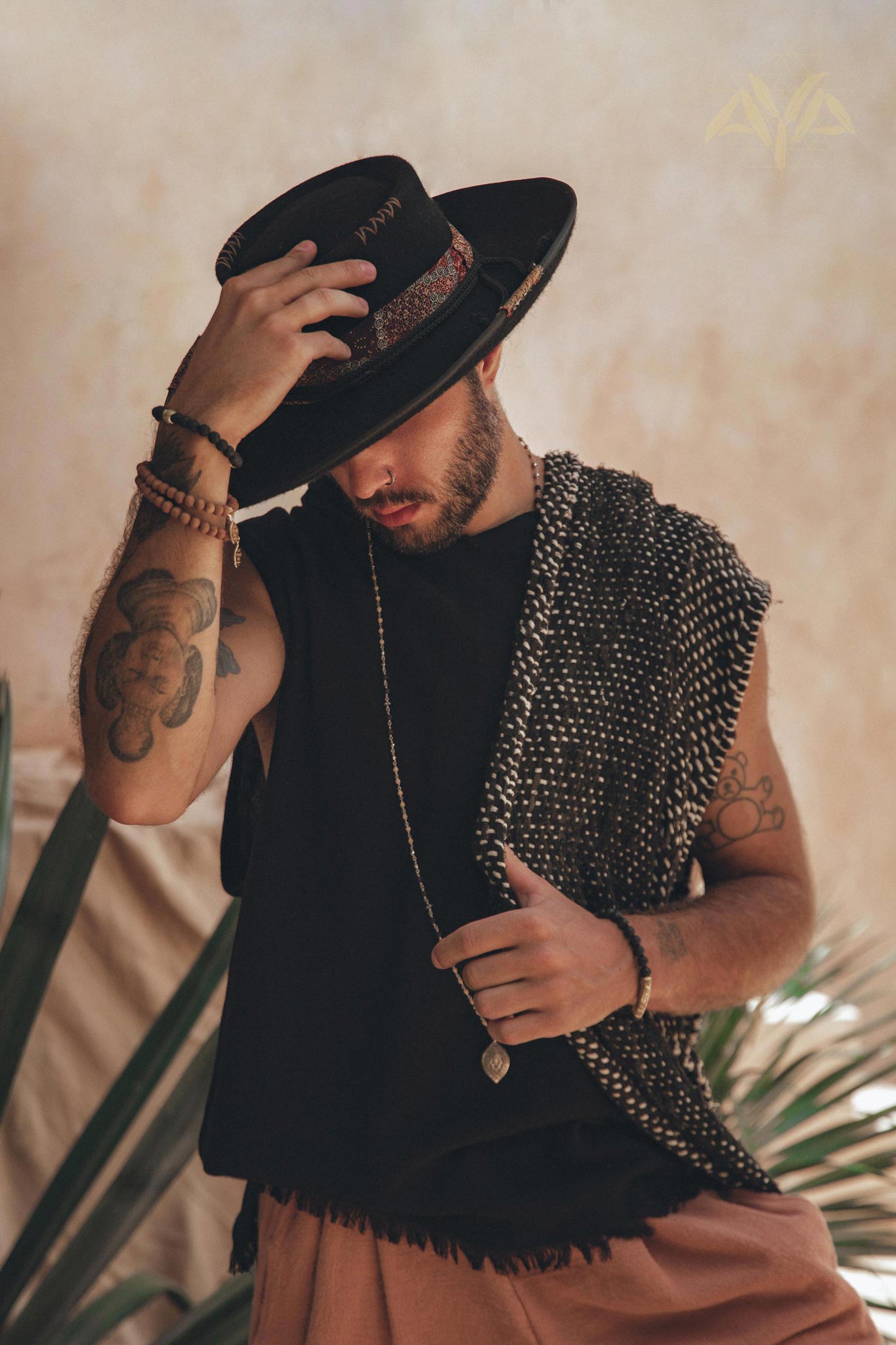 Black Handwoven Thick Cotton Sleeveless Hoody Tank Top for Man by AYA Sacred Wear