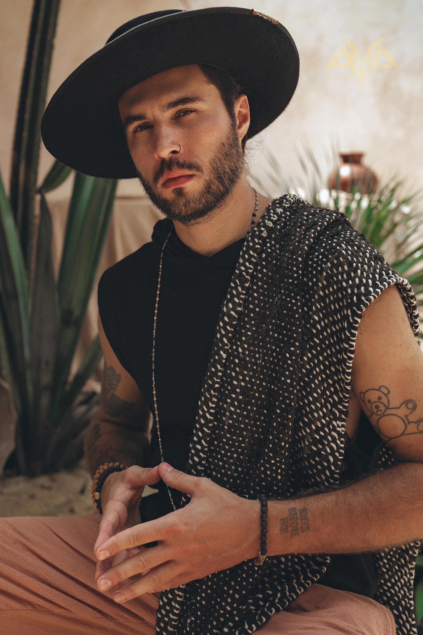 Black Handwoven Thick Cotton Sleeveless Hoody Tank Top for Man by AYA Sacred Wear