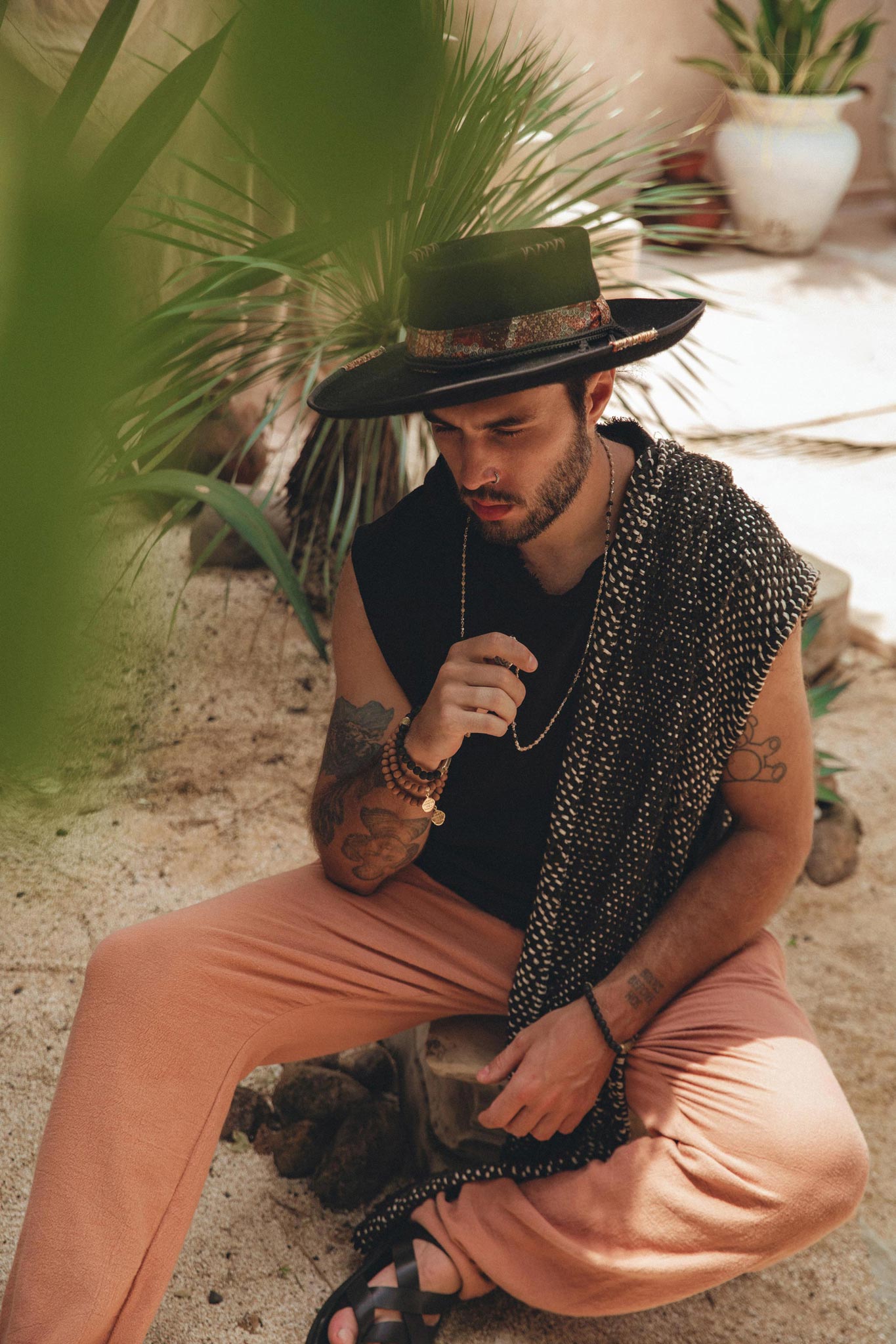 Black Handwoven Thick Cotton Sleeveless Hoody Tank Top for Man by AYA Sacred Wear