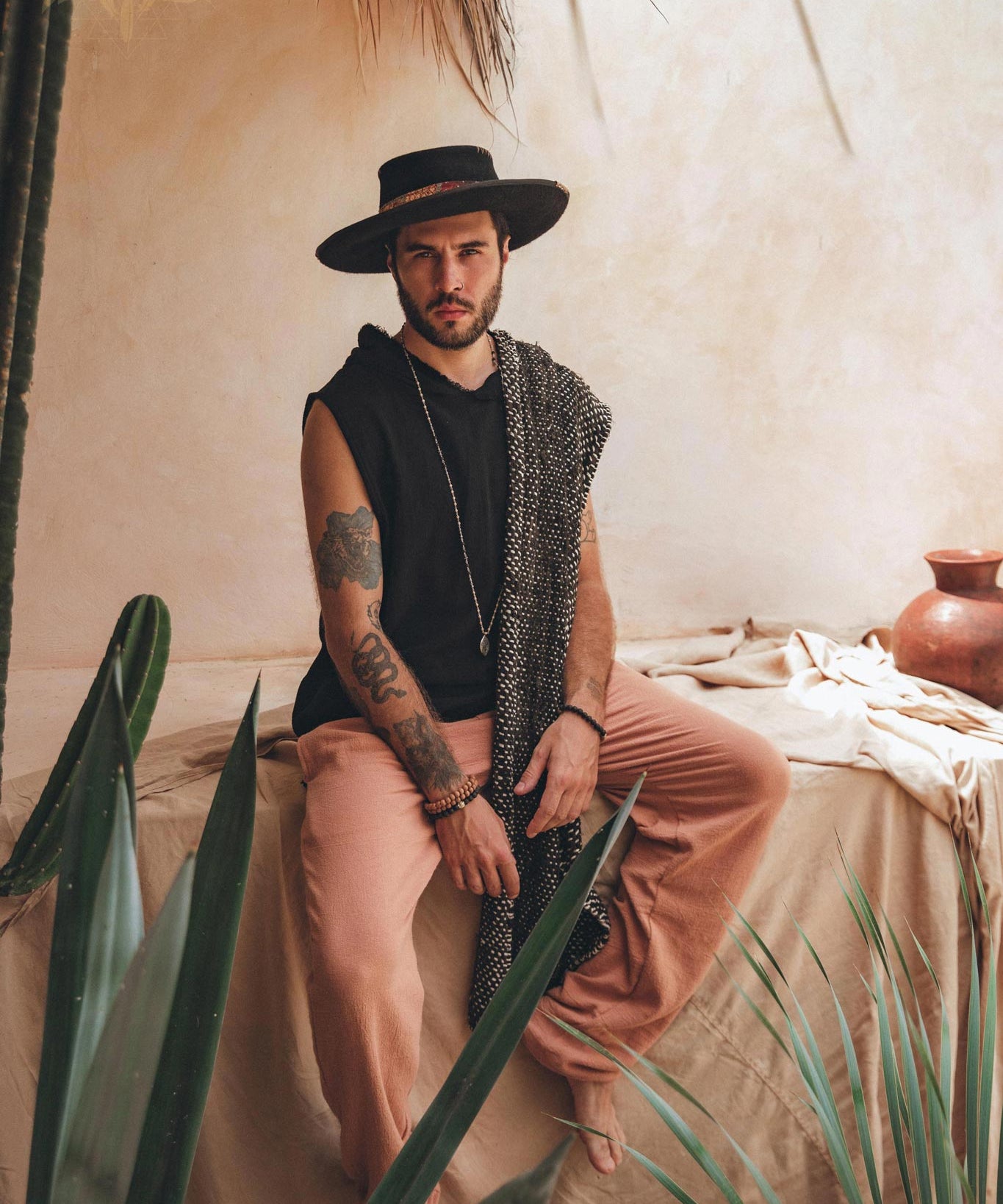 Black Handwoven Thick Cotton Sleeveless Hoody Tank Top for Man by AYA Sacred Wear