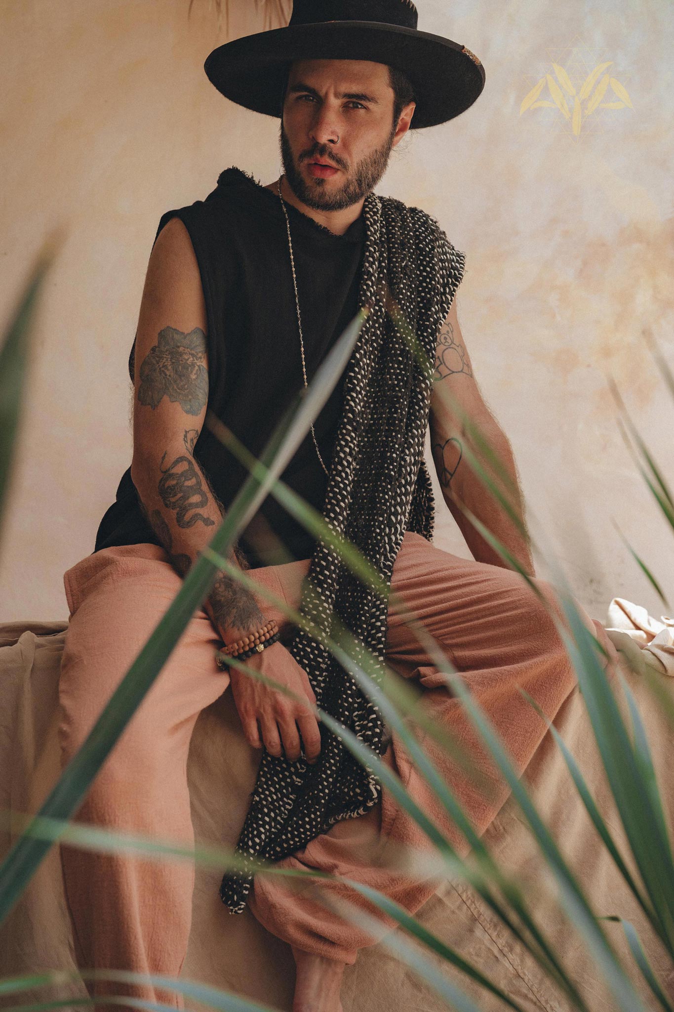 Black Handwoven Thick Cotton Sleeveless Hoody Tank Top for Man by AYA Sacred Wear