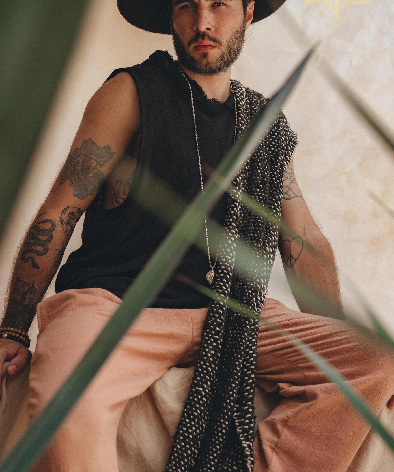 Black Handwoven Thick Cotton Sleeveless Hoody Tank Top for Man by AYA Sacred Wear