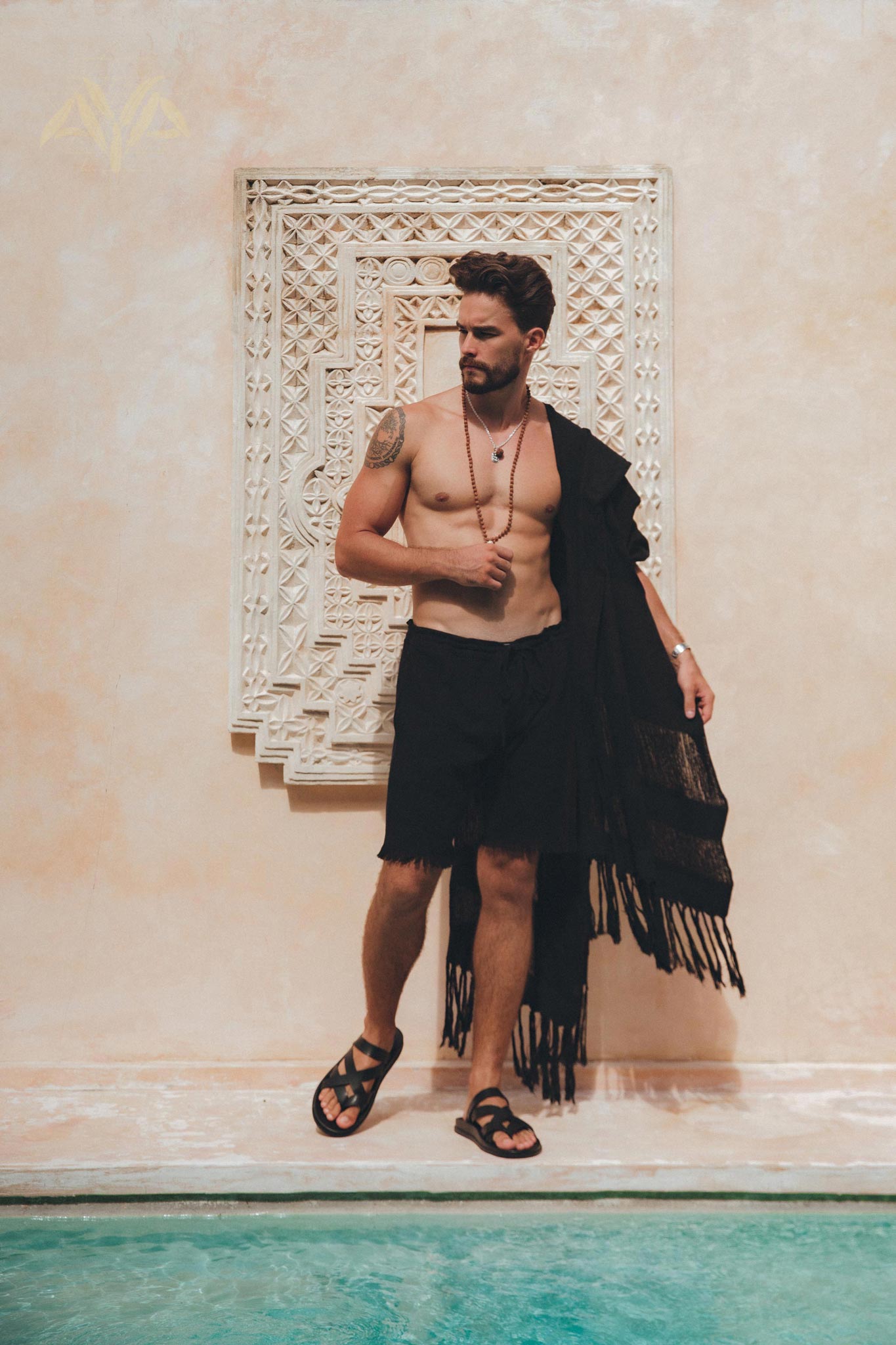 Black Hand Loomed Boho Fringed Sarong Scarf for Men by AYA Sacred Wear