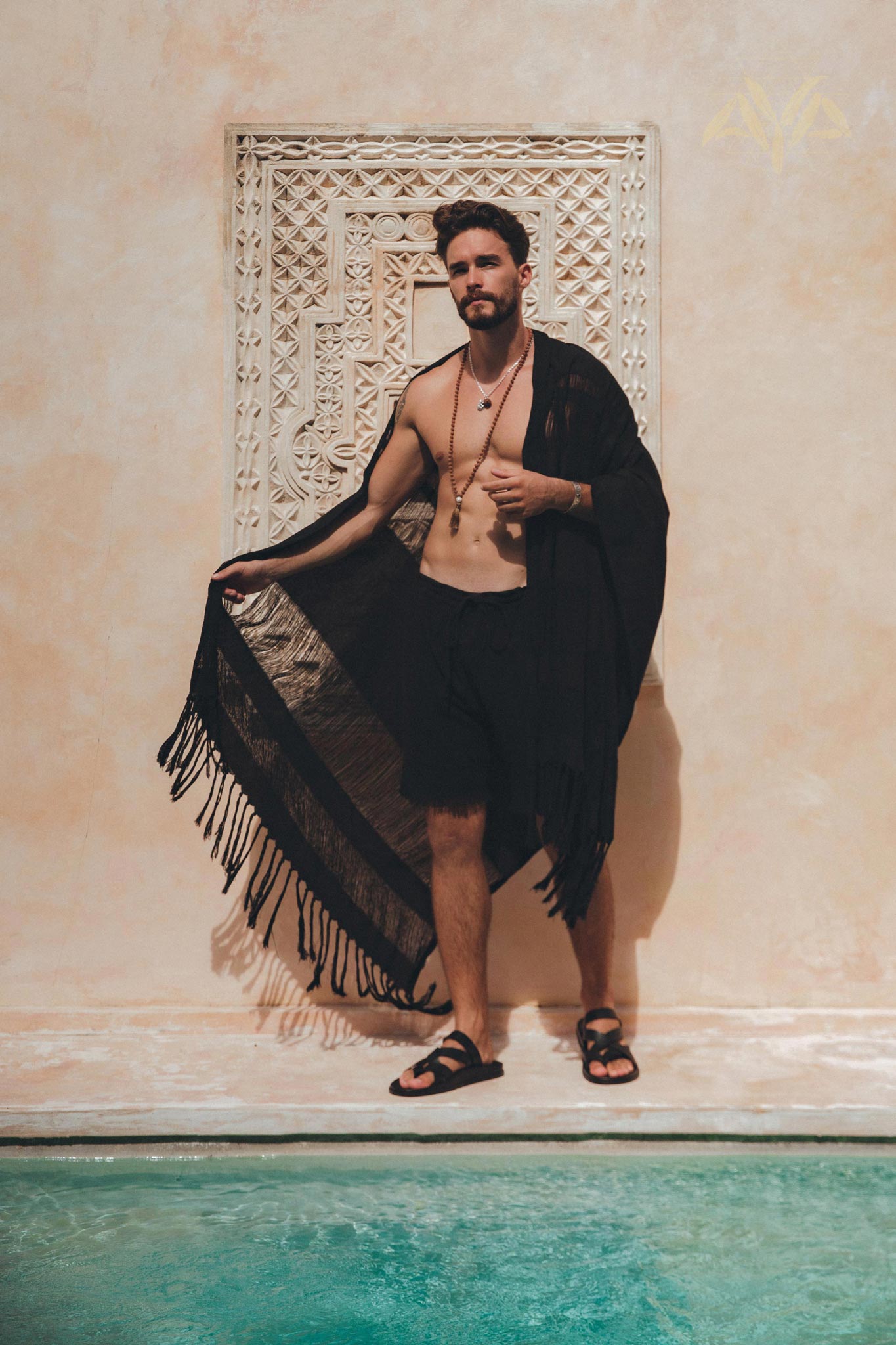 Black Hand Loomed Boho Fringed Sarong Scarf for Men by AYA Sacred Wear