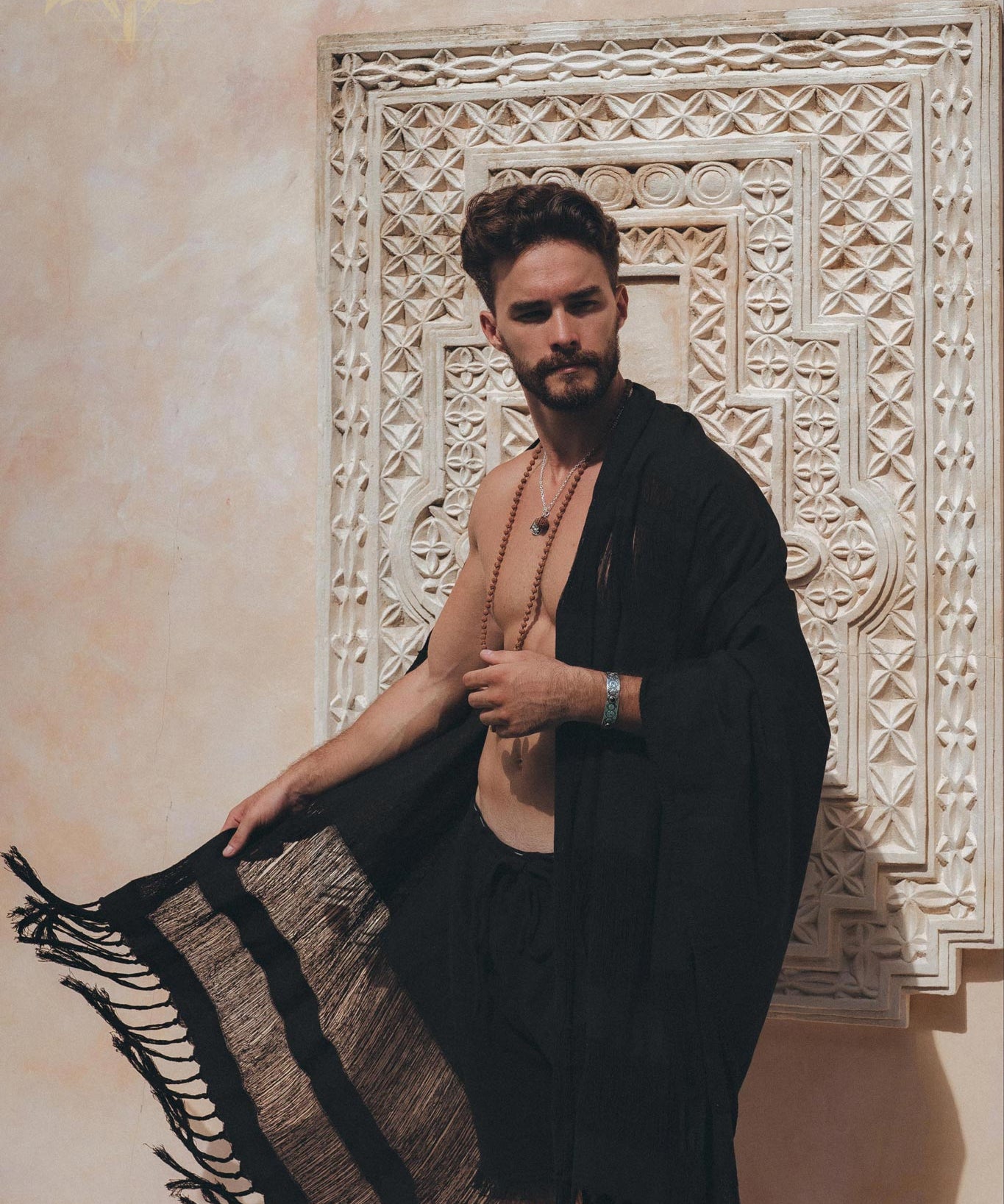 Black Hand Loomed Boho Fringed Sarong Scarf for Men by AYA Sacred Wear