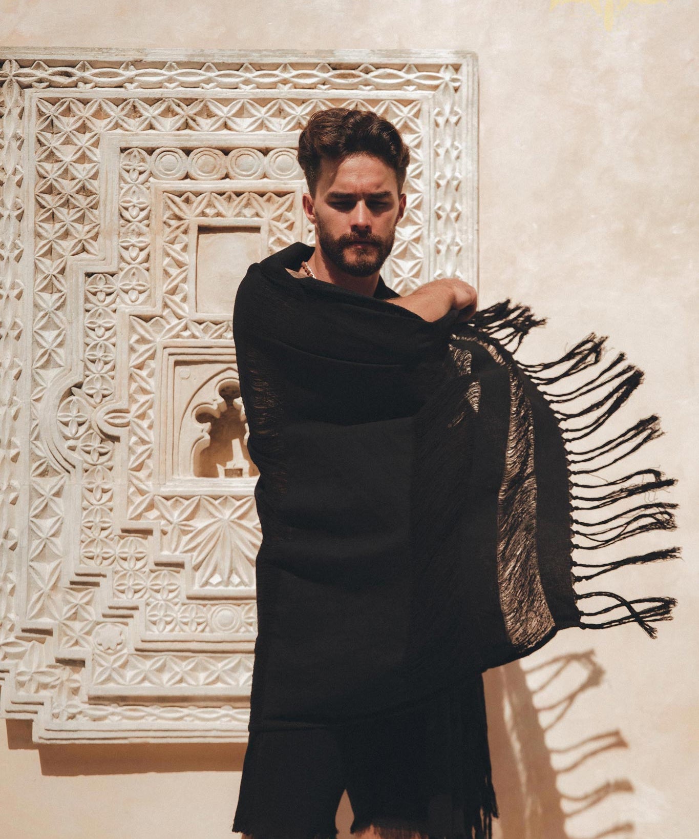 Black Hand Loomed Boho Fringed Sarong Scarf for Men by AYA Sacred Wear