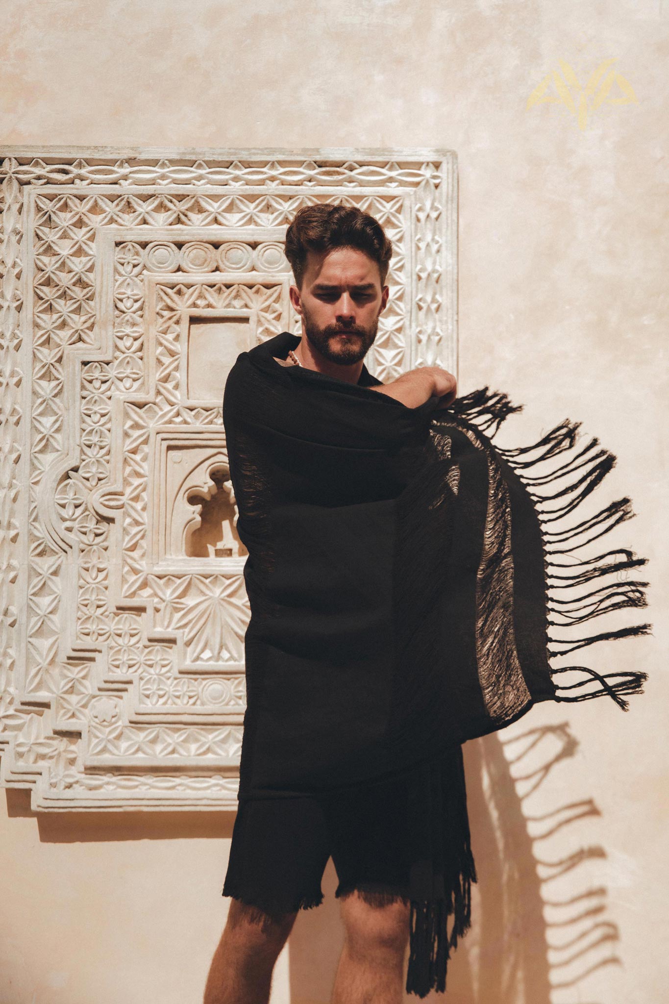 Black Hand Loomed Boho Fringed Sarong Scarf for Men by AYA Sacred Wear