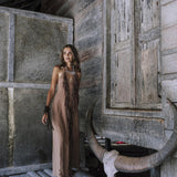 Beige Organic Cotton Bohemian Tribal Maxi Dress with Hand Loomed Tassels - AYA Sacred Wear