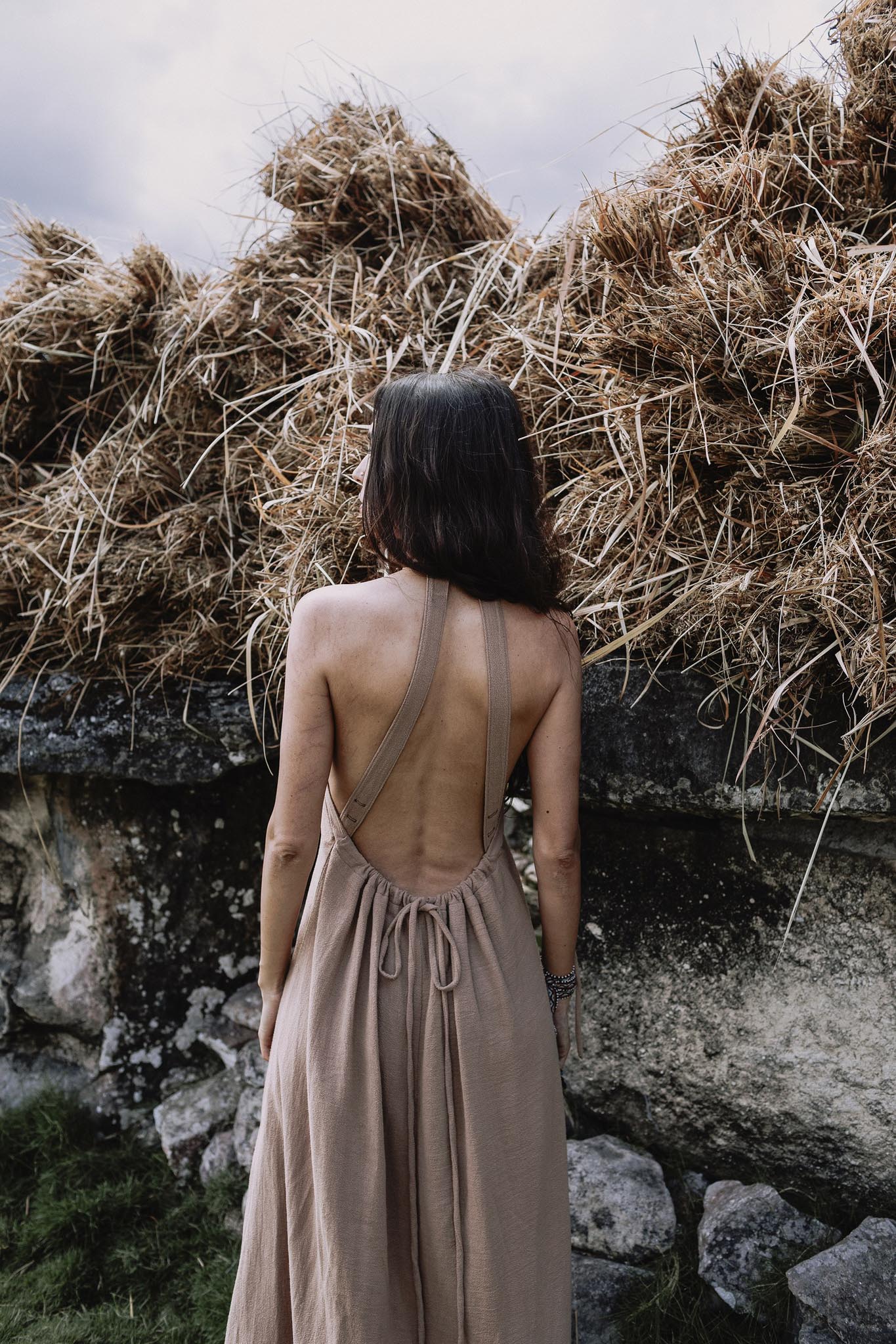 Beige Organic Cotton Bohemian Tribal Maxi Dress with Hand Loomed Tassels - AYA Sacred Wear