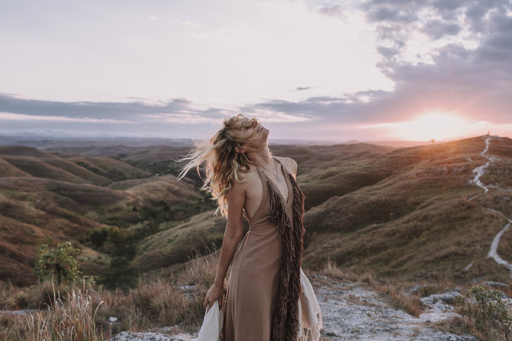 Beige Organic Cotton Bohemian Tribal Maxi Dress with Hand Loomed Tassels - AYA Sacred Wear