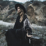 Black Boho Poncho, Hand Stitch Mantel with Hand Loomed Tassels - AYA Sacred Wear 