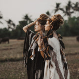 Black Boho Poncho, Hand Stitch Mantel with Hand Loomed Tassels - AYA Sacred Wear 