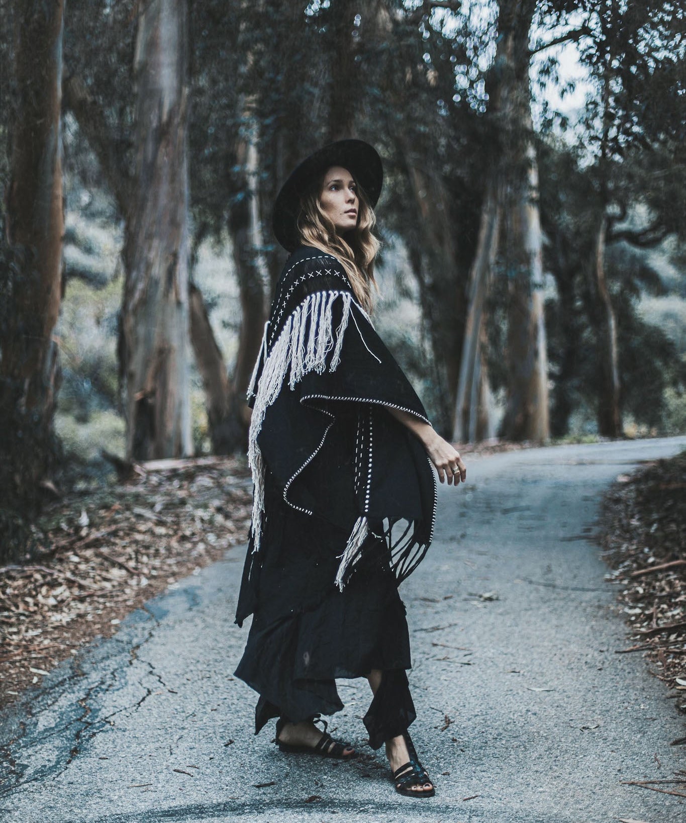 Black Boho Poncho, Hand Stitch Mantel with Hand Loomed Tassels - AYA Sacred Wear 