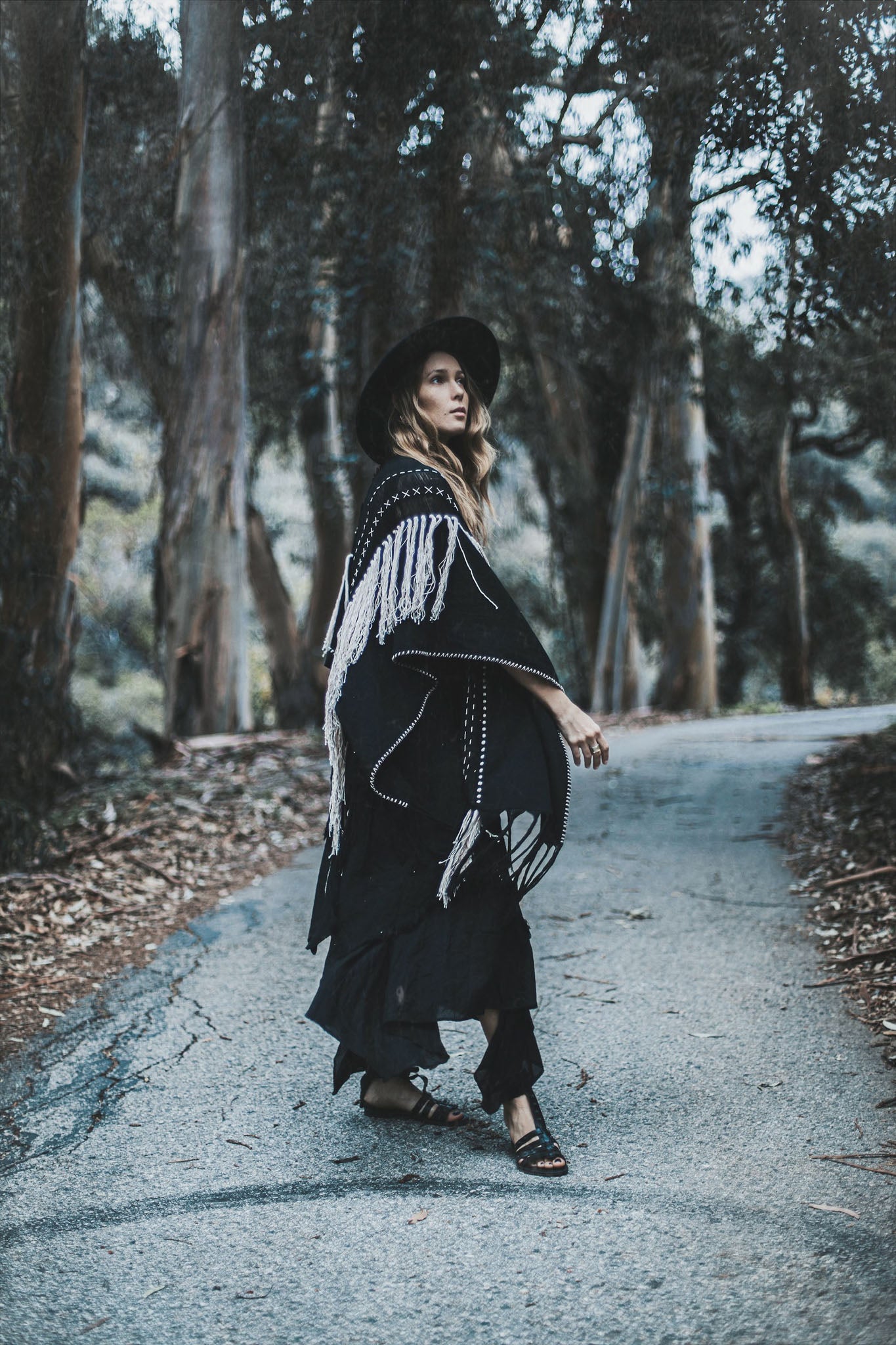 Black Boho Poncho, Hand Stitch Mantel with Hand Loomed Tassels - AYA Sacred Wear 
