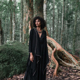 Bohemian Black Cardigan, Black Long Cotton Kimono Robe With Hand Embroidery - AYA Sacred Wear