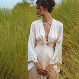 Elegant Long Sleeves Crop Top - Elevate your outfit with this boho-inspired wrap kimono blouse.