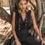 A black boho jumpsuit for women that is both unique and stylish, crafted with silk and cotton.