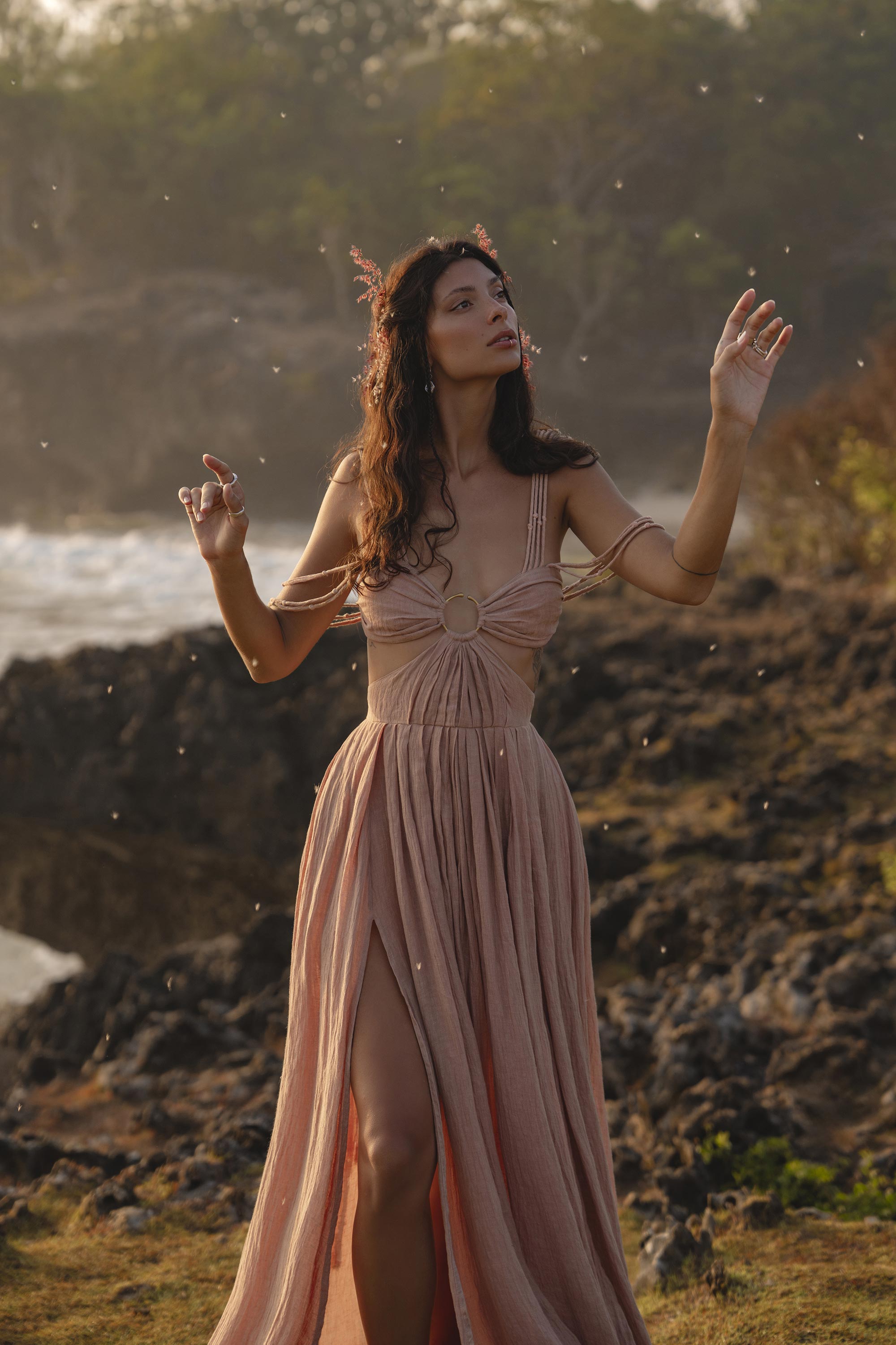Ananda Lālita Dress Blush Rose – Crinkle Linen Goddess Dress - AYA SW IDR