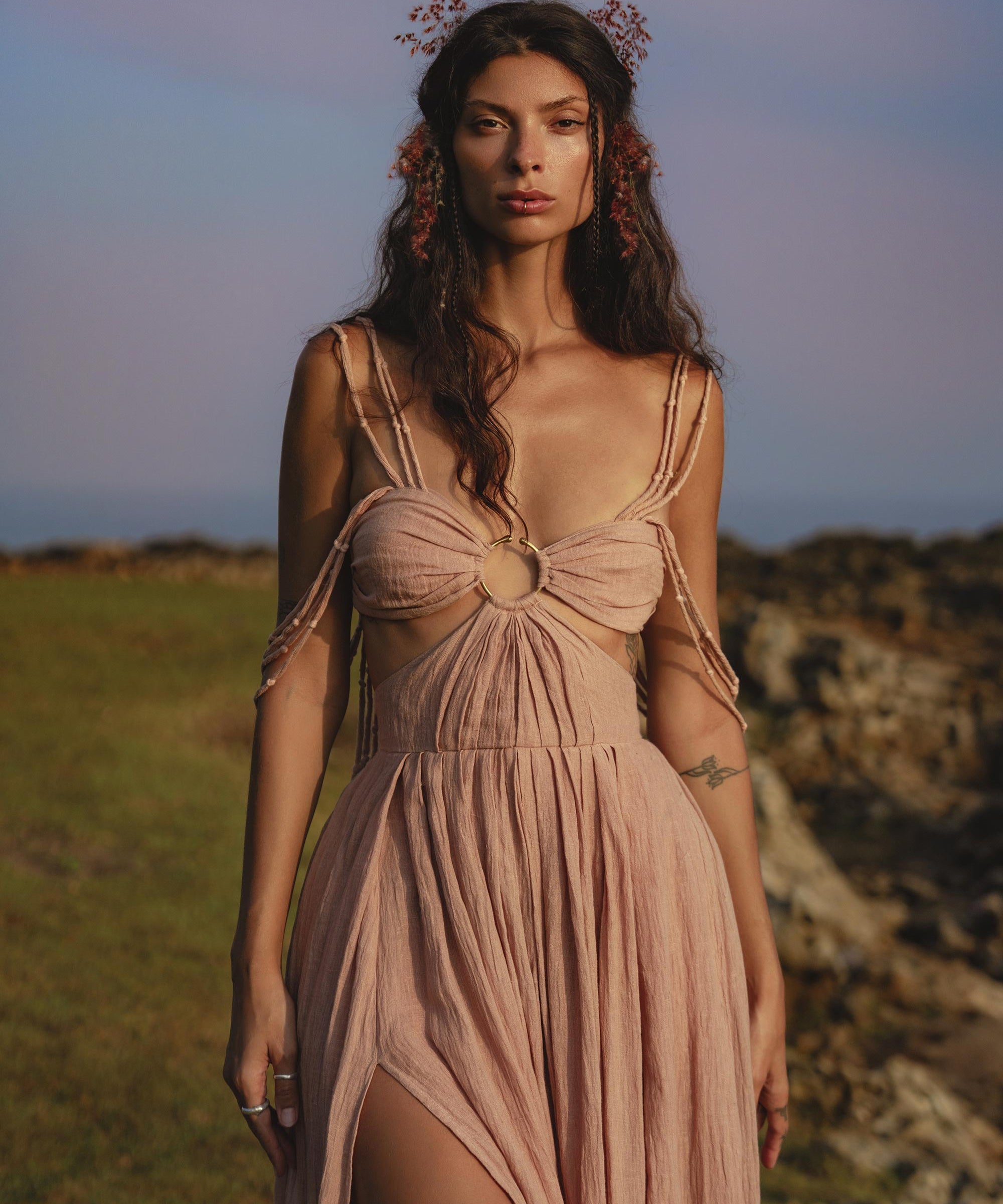 Ananda Lālita Dress Blush Rose – Crinkle Linen Goddess Dress - AYA SW IDR