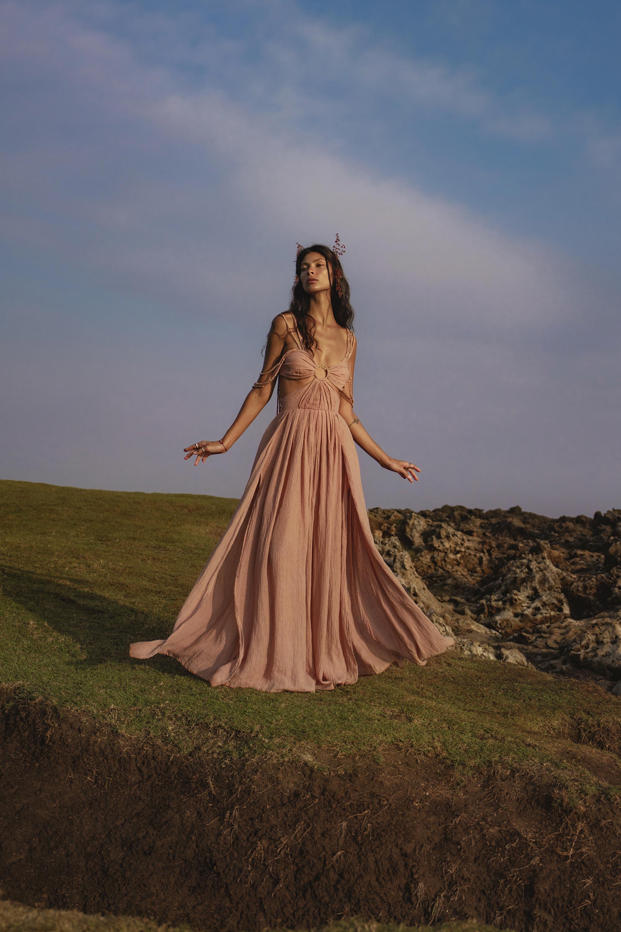 Ananda Lālita Dress Blush Rose – Crinkle Linen Goddess Dress - AYA SW IDR