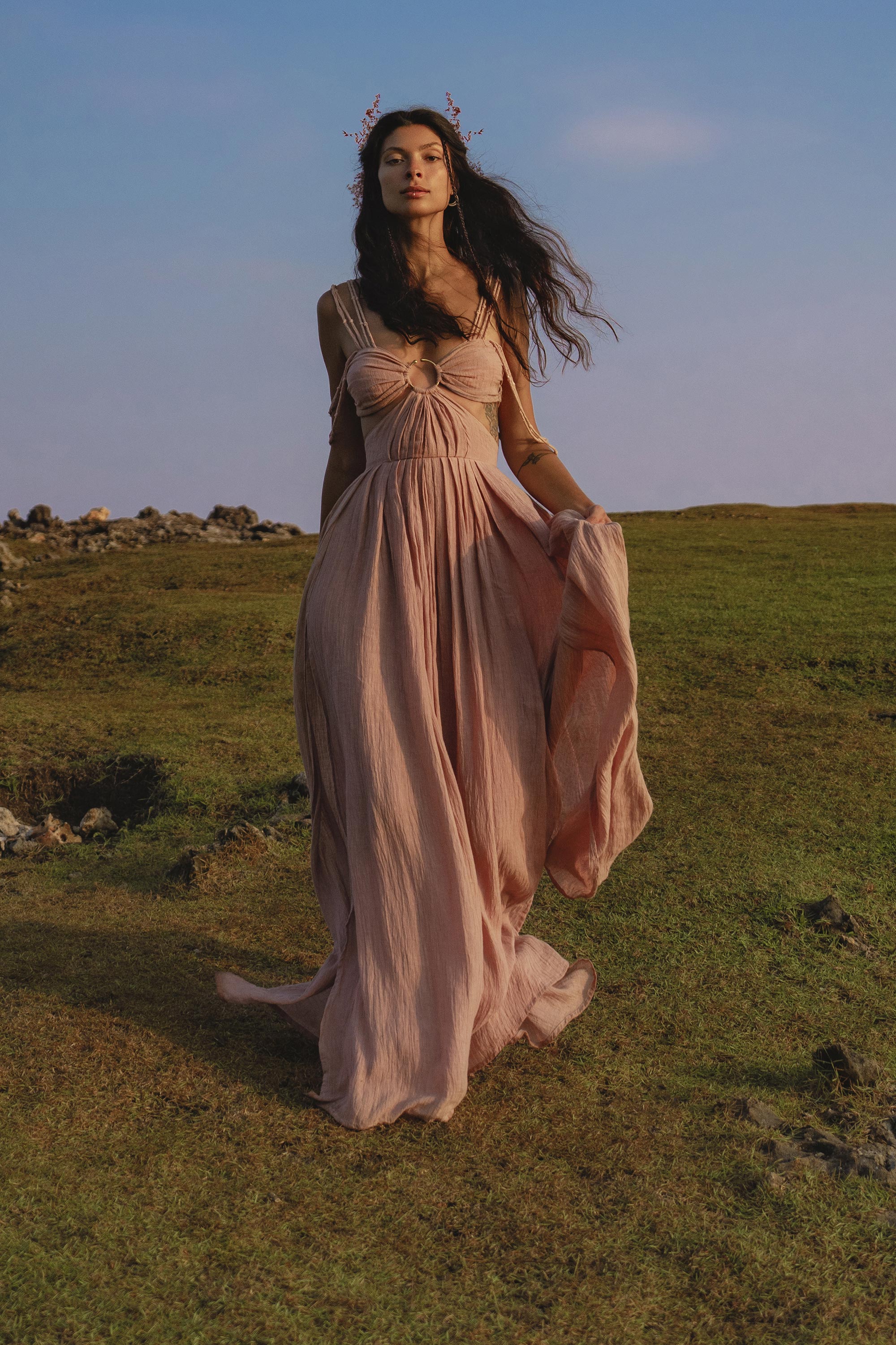 Ananda Lālita Dress Blush Rose – Crinkle Linen Goddess Dress - AYA SW IDR