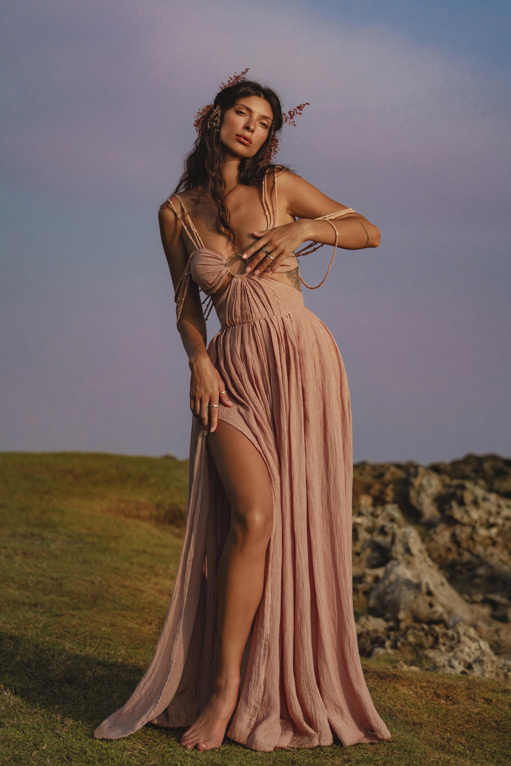 Ananda Lālita Dress Blush Rose – Crinkle Linen Goddess Dress - AYA SW IDR