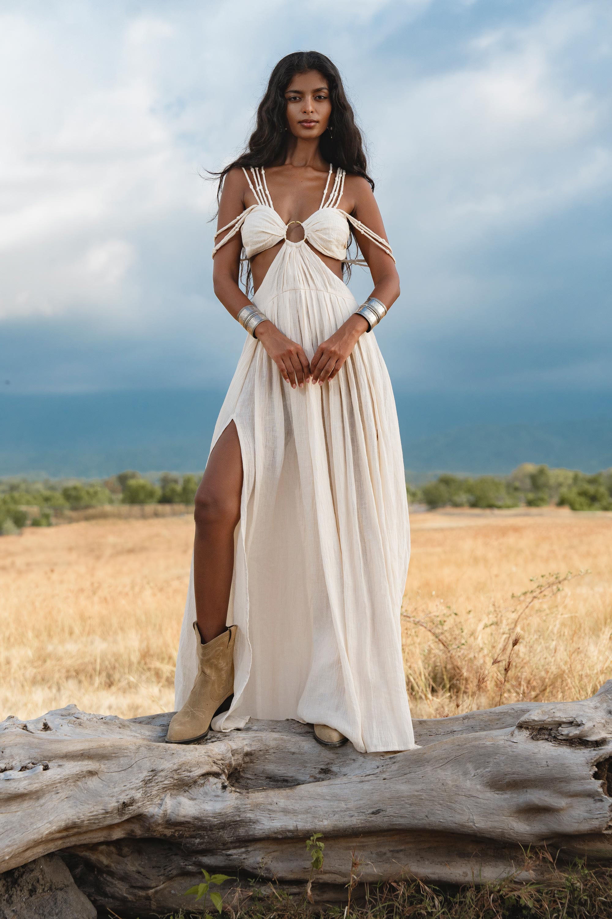 Ananda Lālita Dress Ivory Colour – Linen Organic Goddess Gown - AYA SW IDR