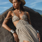 Ananda Lalita Light sage Linen Goddess Gown Handmade Boho Resort Wedding Dress Women - AYA SW IDR