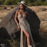 Ananda Lalita Light sage Linen Goddess Gown Handmade Boho Resort Wedding Dress Women - AYA SW IDR