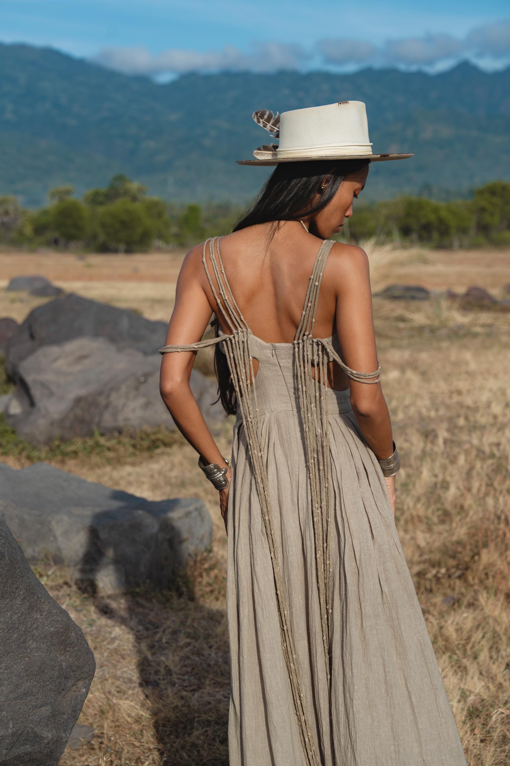 Ananda Lalita Light sage Linen Goddess Gown Handmade Boho Resort Wedding Dress Women - AYA SW IDR