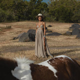 Ananda Lalita Light sage Linen Goddess Gown Handmade Boho Resort Wedding Dress Women - AYA SW IDR
