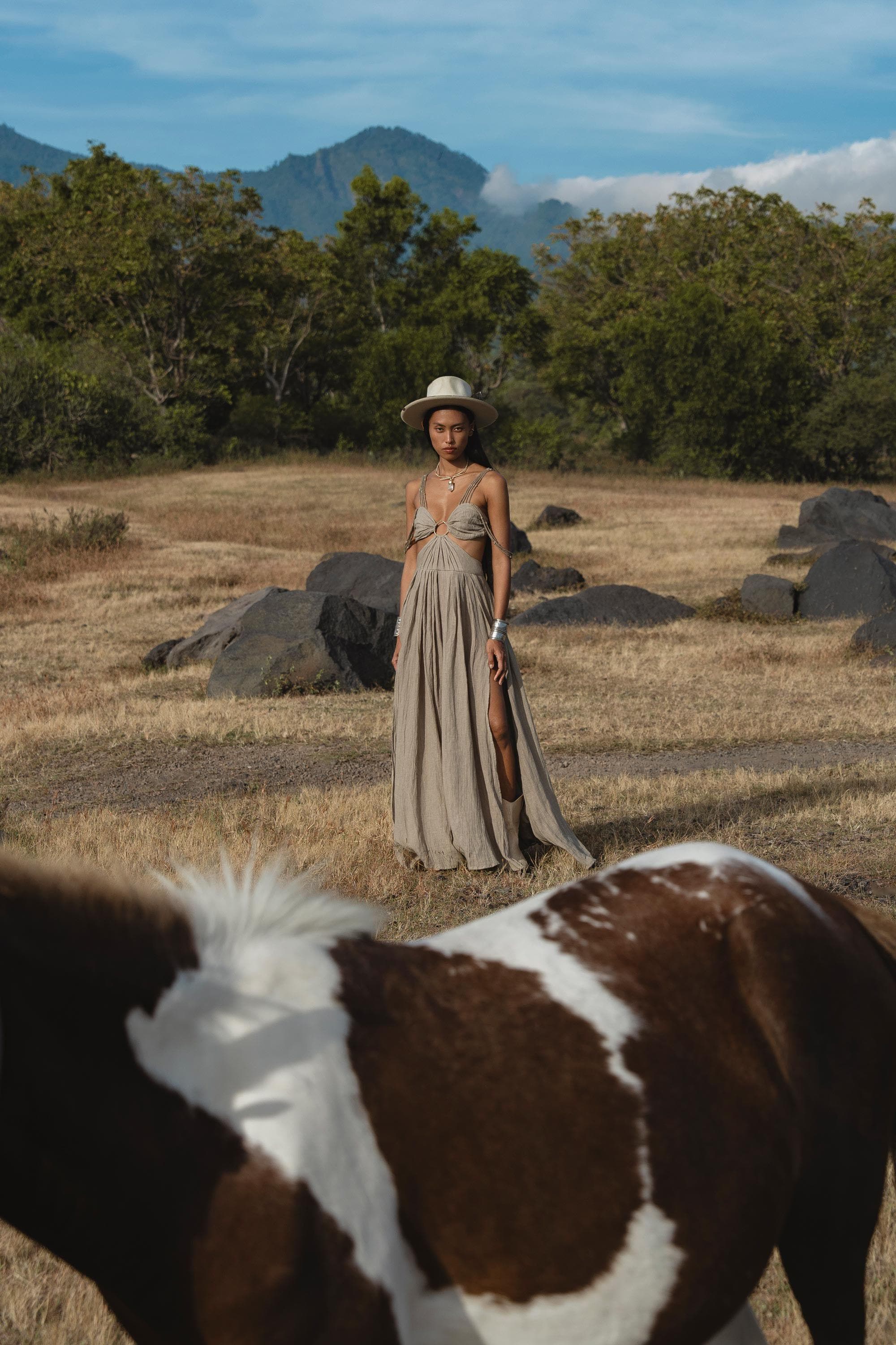 Ananda Lalita Light sage Linen Goddess Gown Handmade Boho Resort Wedding Dress Women - AYA SW IDR