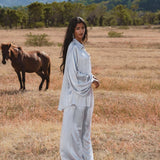 Apsara Mist Light Blue Silk Kimono Blouse Balloon Sleeves Organic Boho Robe Jacket Top - AYA SW IDR