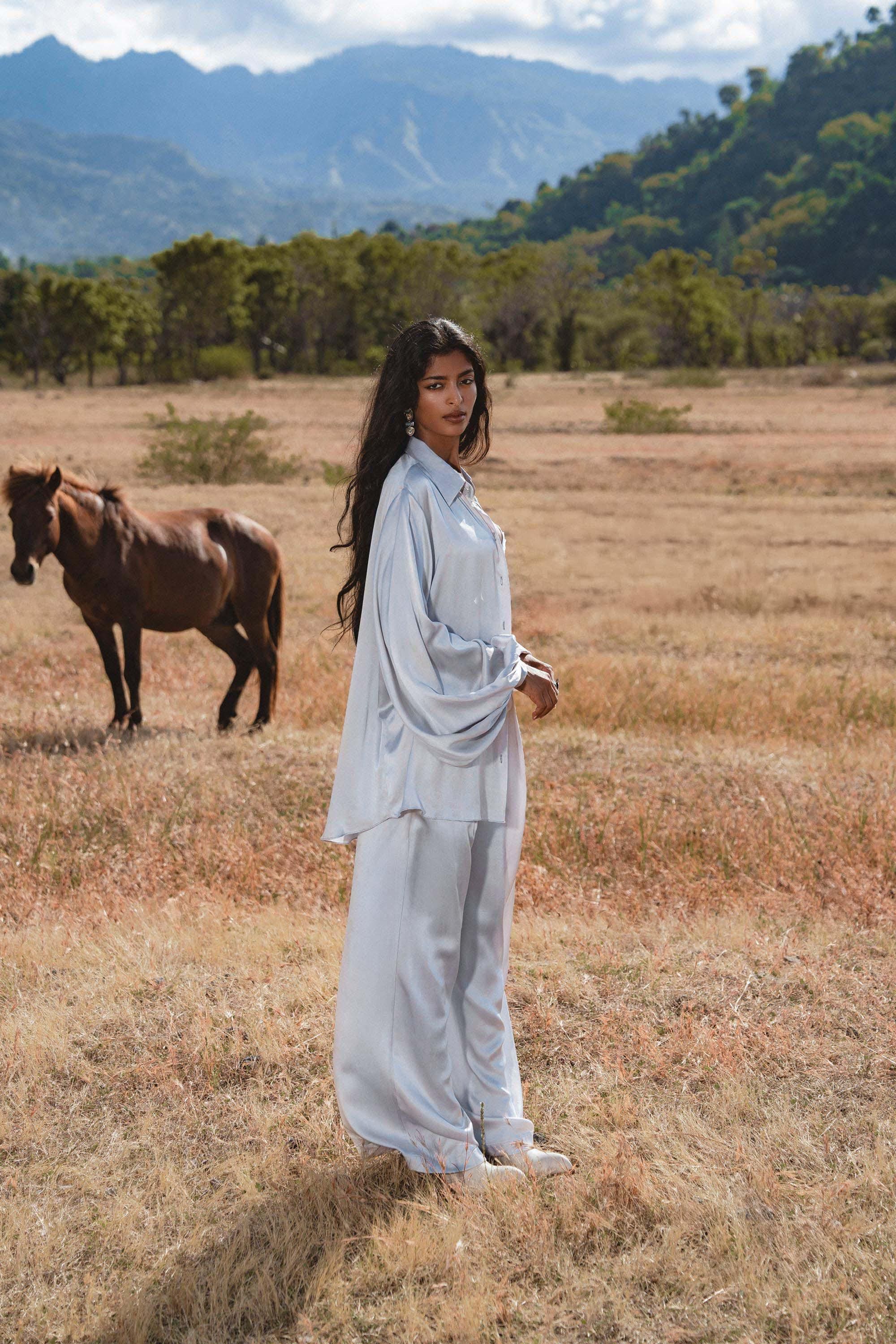 Apsara Mist Light Blue Silk Kimono Blouse Balloon Sleeves Organic Boho Robe Jacket Top - AYA SW IDR