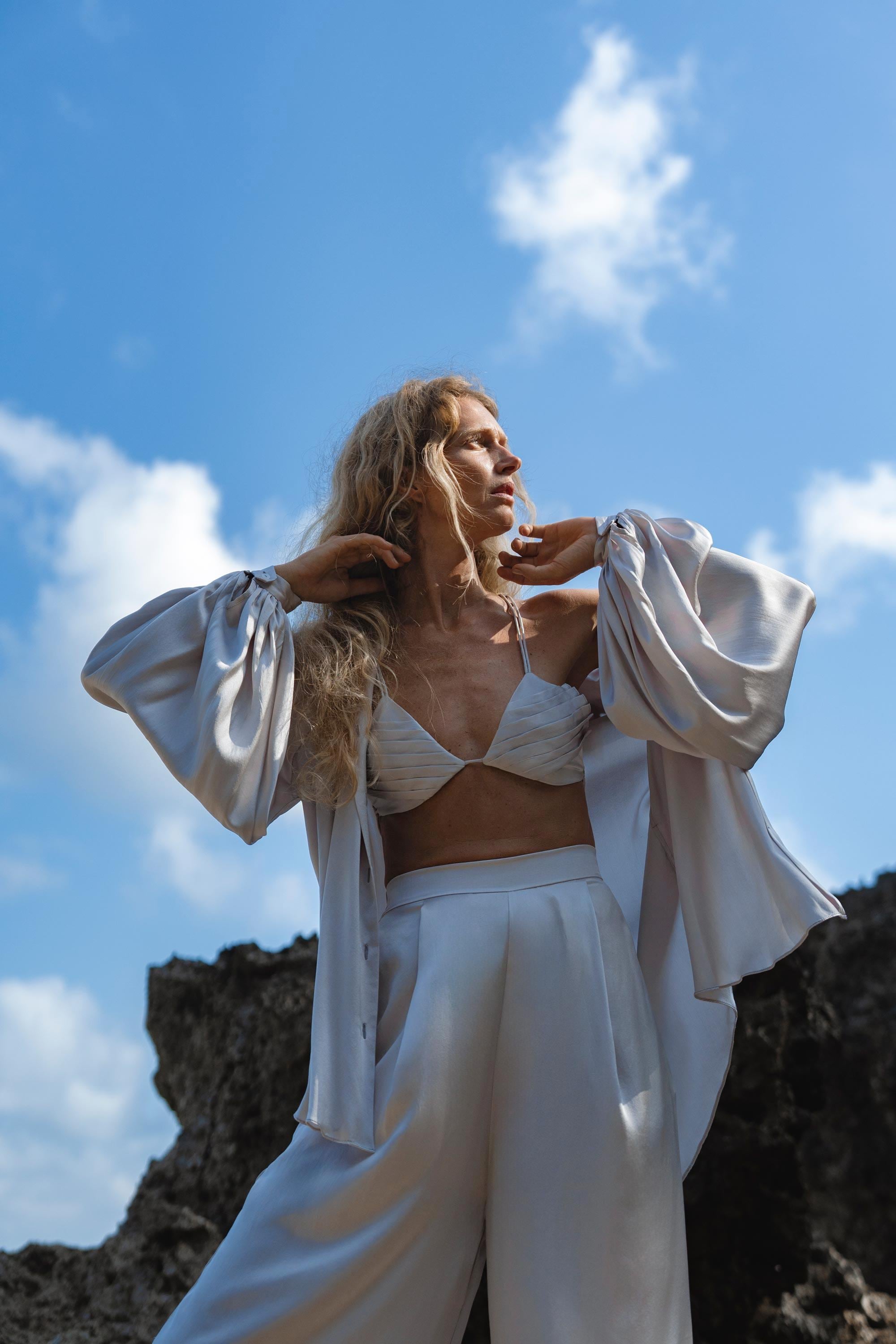 Apsara Mist Light Blue Silk Kimono Blouse Balloon Sleeves Organic Boho Robe Jacket Top - AYA SW IDR