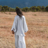 Apsara Mist Light Blue Silk Kimono Blouse Balloon Sleeves Organic Boho Robe Jacket Top - AYA SW IDR