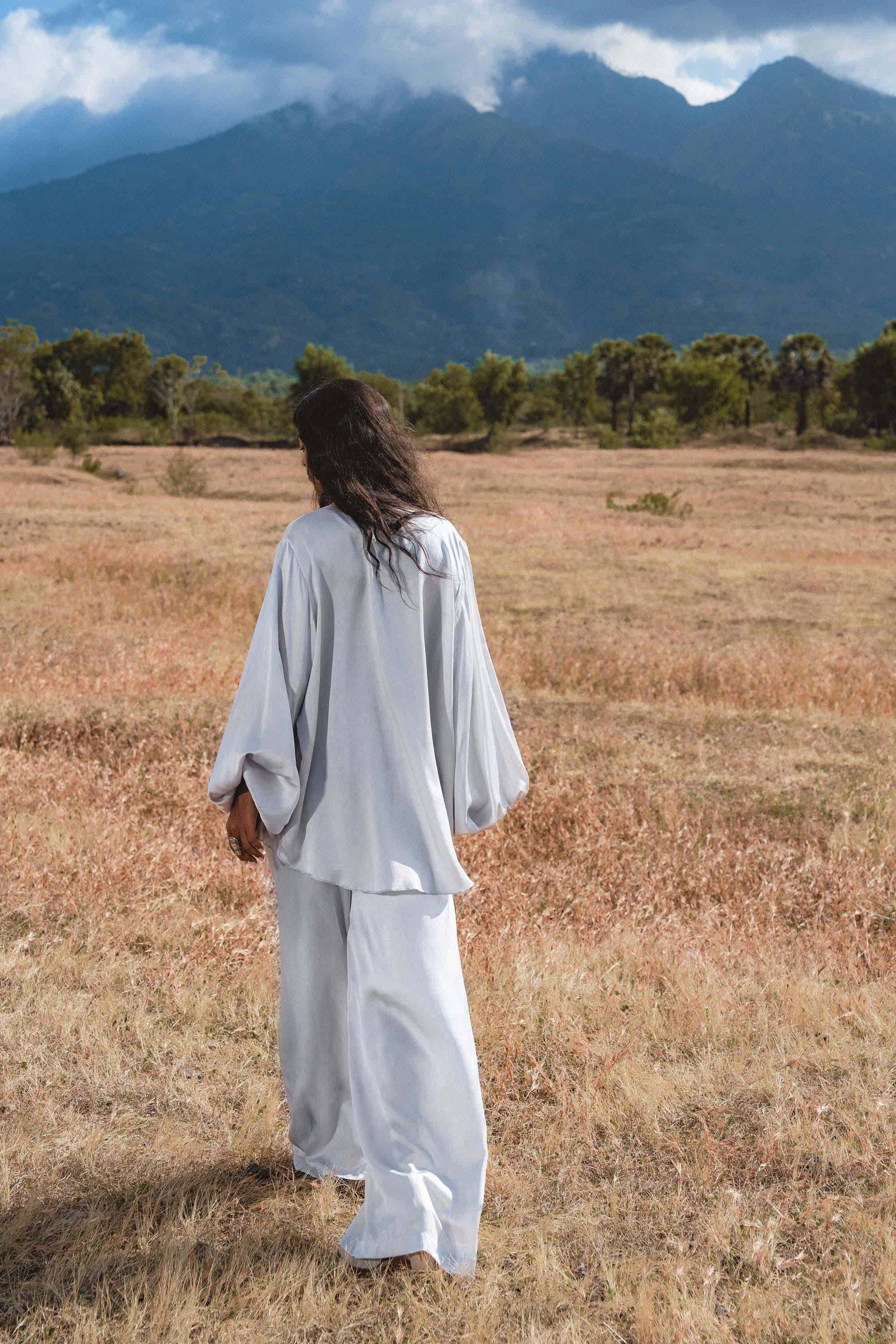Apsara Mist Light Blue Silk Kimono Blouse Balloon Sleeves Organic Boho Robe Jacket Top - AYA SW IDR